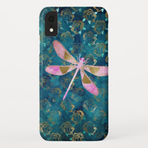 Roze Rose Gold Dragonfly op Turquoise Blue Folie iPhone XR Hoesje