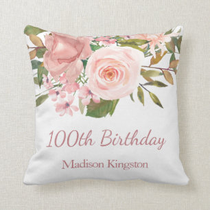 Roze Rose Gold Flowers 100th Birthday Party Gift Kussen