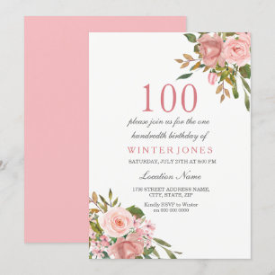 Roze Rose Gold Flowers 100th Birthday Party Invite Kaart