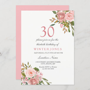 Roze Rose Gold Flowers 30th Birthday Party Invite Kaart