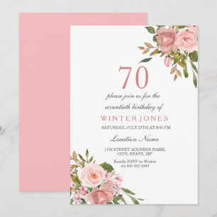 Roze Rose Gold Flowers 70th Birthday Party Invite Kaart