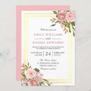 Roze Rose Gold Flowers Double Border Wedding Kaart