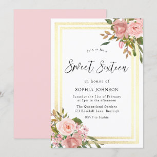 Roze Rose Gold Flowers Gold Border Sweet Sixteen Kaart
