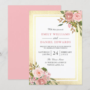 Roze Rose Gold Flowers Golden Border Wedding Kaart
