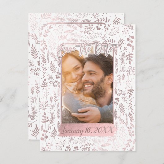 Roze Rose Gold Foil Modern Script Save the Date Aankondigingskaart (Voorkant / Achterkant)