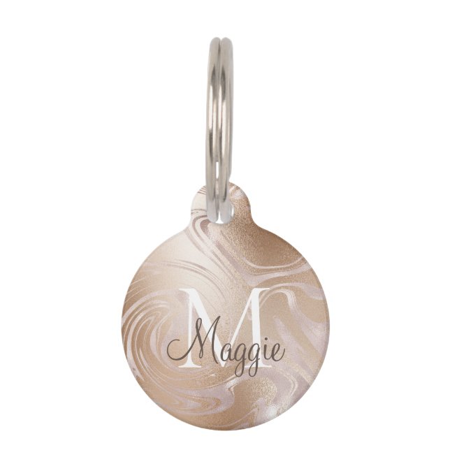 Roze Rose Gold Foil Sparkle Marble Monogram Naam Huisdierpenning (Voorkant)