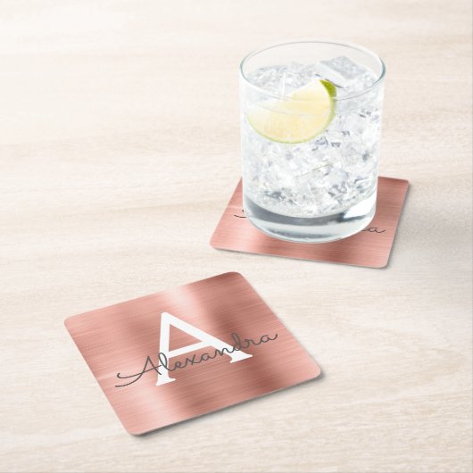 Roze Rose Gold Girly Metallic Monogram Dag Vierkante Kartonnen Onderzetter (Insitu)