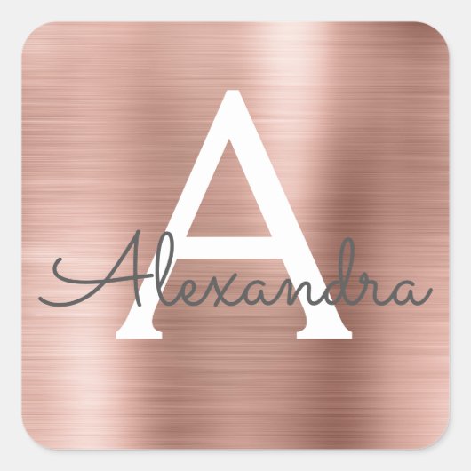 Roze Rose Gold Girly Metallic Monogram Vierkante Sticker (Voorkant)
