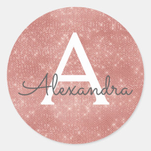 Roze Rose Gold Girly Sparkle Monogram Ronde Sticker