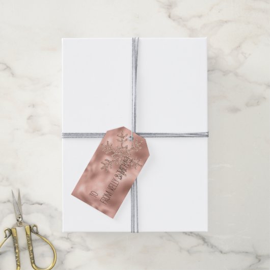 Roze Rose Gold Glam Glitter Sneeuwvlok Cadeaulabel (Met Touw)