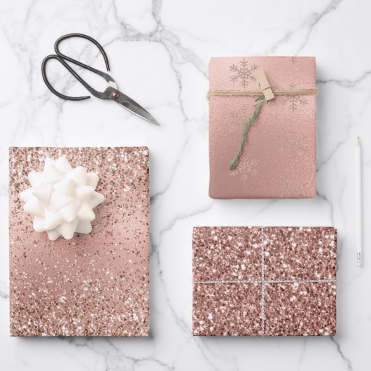 Roze Rose Gold Glam Glitter Snowflake Inpakpapier Vel (Voorkant)