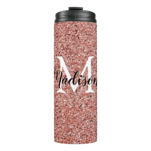 Roze Rose Gold Glitter Chic Monogram Naam Thermosbeker (Voorkant)