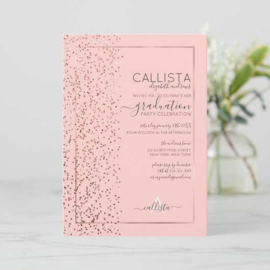 Roze Rose Gold Glitter Confetti Side Afstuderen Kaart (Staand voorkant)
