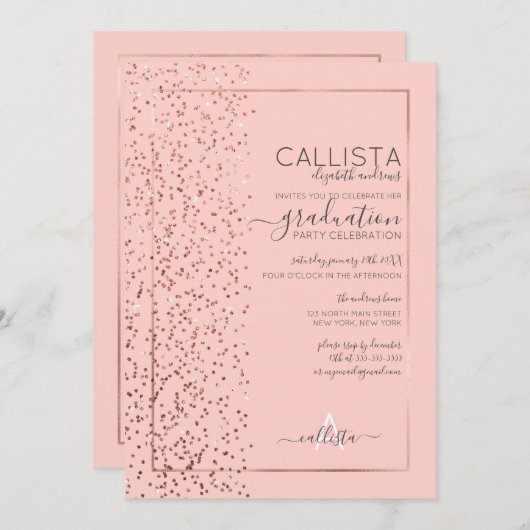 Roze Rose Gold Glitter Confetti Side Afstuderen Kaart (Voorkant / Achterkant)