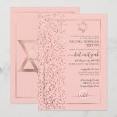 Roze Rose Gold Glitter Confetti Side Bat Mitzvah Kaart (Voorkant / Achterkant)