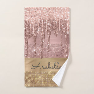 Roze Rose Gold Glitter Drift Gold Sripes Name Handdoek