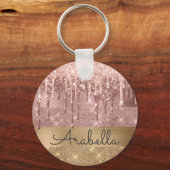 Roze Rose Gold Glitter Dripping Stripes Monogram Sleutelhanger (Voorkant)