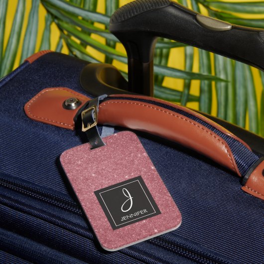 Roze Rose Gold Glitter Elegant Monogram Bagage Lab Bagagelabel (Voorkant Insitu 1)