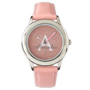 Roze Rose Gold Glitter en Sparkle Monogram Horloge