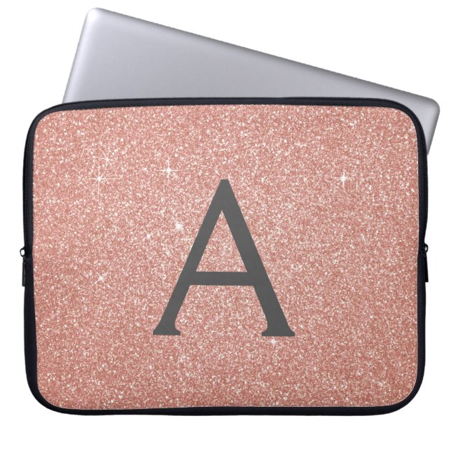 Roze Rose Gold Glitter en Sparkle Monogram Laptop Sleeve (Voorkant)