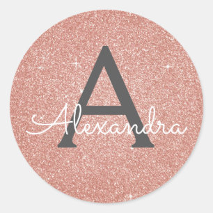Roze Rose Gold Glitter en Sparkle Monogram Ronde Sticker
