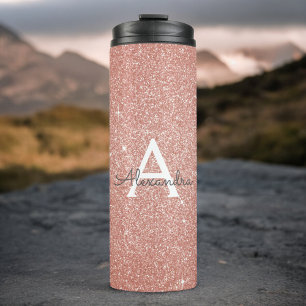 Roze Rose Gold Glitter en Sparkle Monogram Thermosbeker