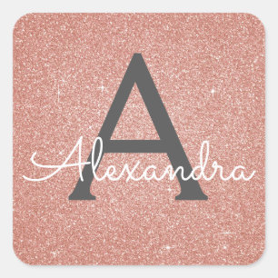 Roze Rose Gold Glitter en Sparkle Monogram Vierkante Sticker