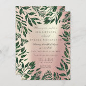 Roze Rose Gold Glitter Leafs Floral Lijst Green Kaart (Voorkant / Achterkant)