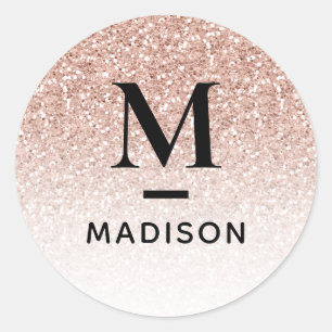 Roze Rose Gold Glitter Ombre Modern Monogram Naam Ronde Sticker