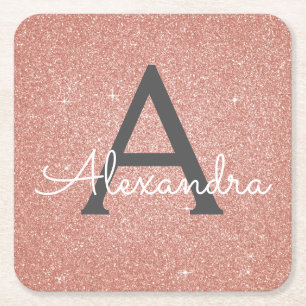 Roze Rose Gold Glitter & Sparkle Monogram Birthday Vierkante Kartonnen Onderzetter