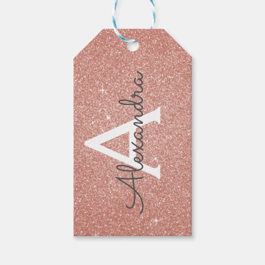 Roze Rose Gold Glitter & Sparkle Monogram Cadeaulabel (Voorkant)