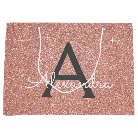 Roze Rose Gold Glitter & Sparkle Monogram Groot Cadeauzakje (Voorkant)