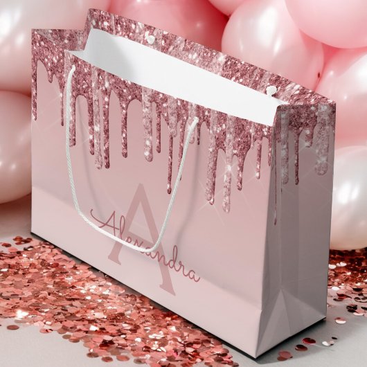 Roze Rose Gold Glitter & Sparkle Monogram Groot Cadeauzakje