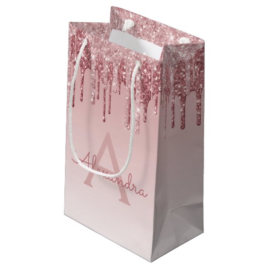 Roze Rose Gold Glitter & Sparkle Monogram Klein Cadeauzakje (Achterkant Gekanteld)