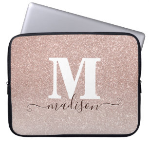 Roze Rose Gold Glitter Sparkle Monogram Script Laptop Sleeve