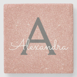 Roze Rose Gold Glitter & Sparkle Monogram Stenen Onderzetter
