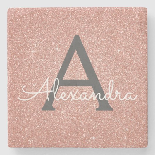 Roze Rose Gold Glitter & Sparkle Monogram Stenen Onderzetter (Voorkant)
