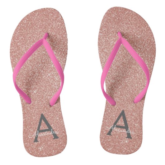 Roze Rose Gold Glitter & Sparkle Monogram Teenslippers (Voetbed)