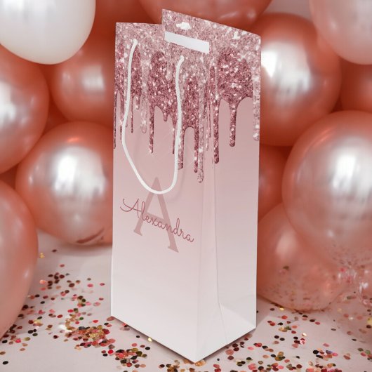 Roze Rose Gold Glitter & Sparkle Monogram Wijn Cadeautas