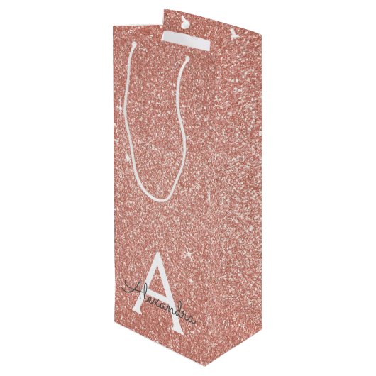Roze Rose Gold Glitter & Sparkle Monogram Wijn Cadeautas (Achterkant Gekanteld)