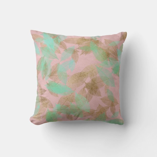 Roze Rose Gold Leafs Mint Green Pastel Kussen (Voorkant)