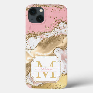 Roze Rose Gold Marble Glitter Agate Personeelsform iPhone 13 Hoesje