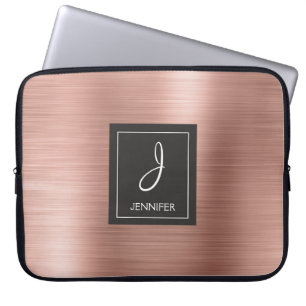 Roze Rose Gold Metaal Elegant Monogram Laptop Sleeve