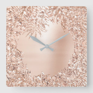 Roze Rose Gold Metallic Floral Botanisch Glitter Vierkante Klok