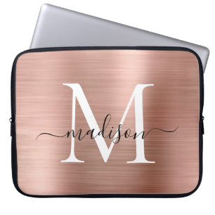 Roze Rose Gold Monogram Girly Script, geborsteld m Laptop Sleeve