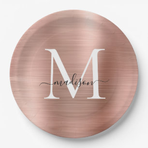 Roze Rose Gold Monogram Script Metallic Steel Papieren Bordje