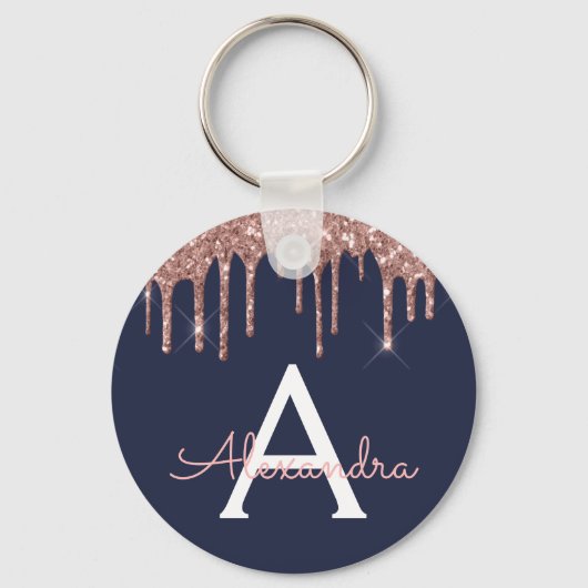 Roze Rose Gold Navy Blue Glitter Monogram Sleutelhanger (Voorkant)