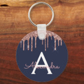Roze Rose Gold Navy Blue Glitter Monogram Sleutelhanger (Voorkant)
