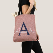Roze Rose Gold Navy Blue Sparkle Elegant Monogram Draagtas (Dichtbij)