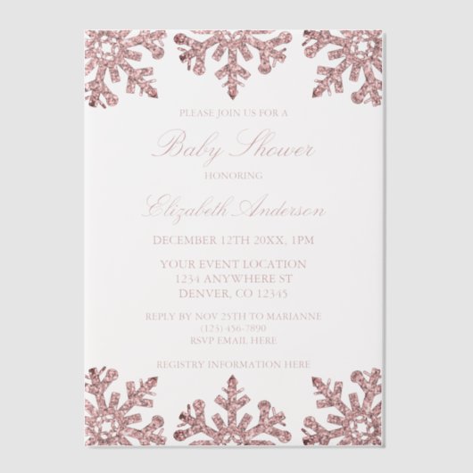 Roze Rose Gold Snowflake Winter Baby shower Vellum Uitnodigingen (Voorkant)